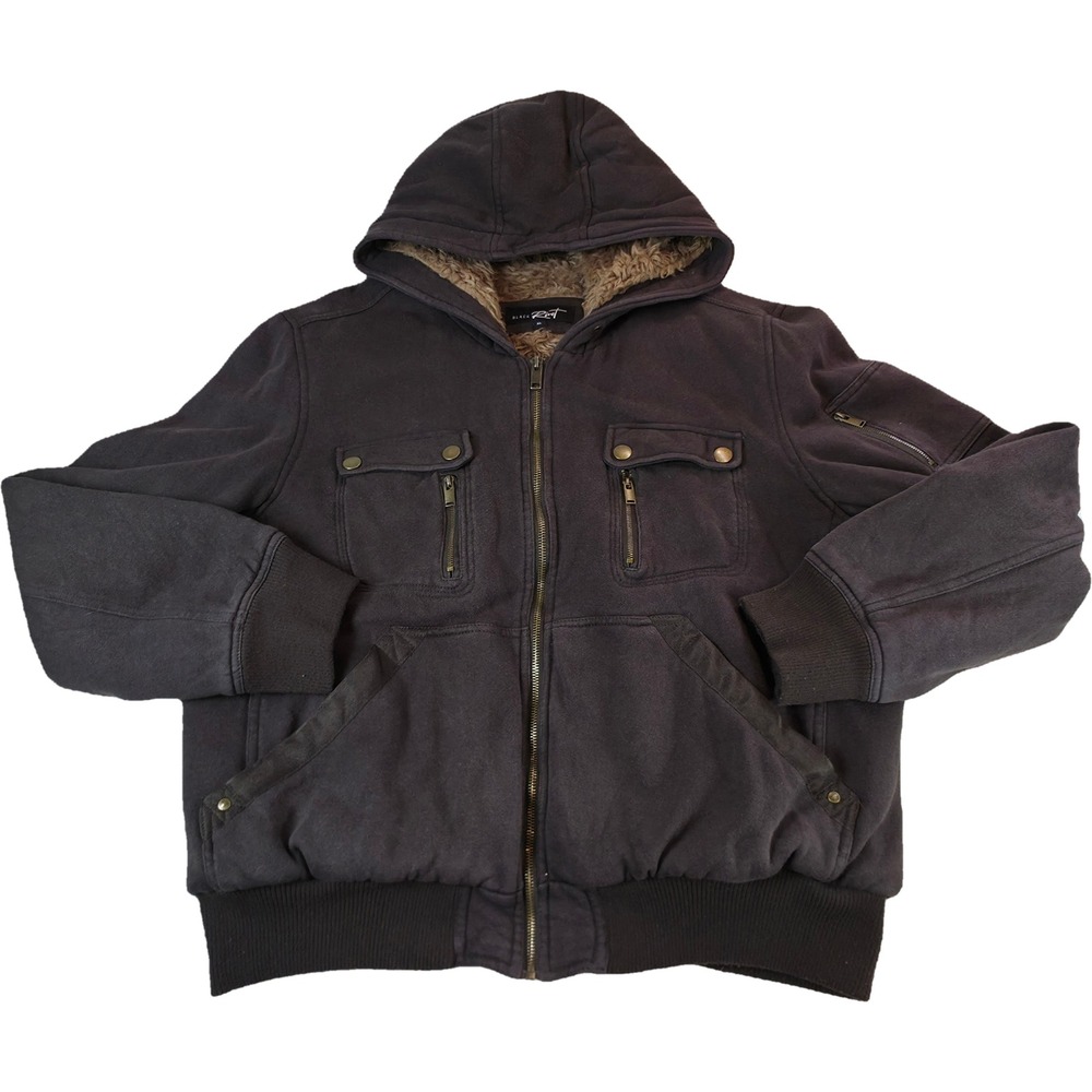 Black Rivet Hooded Jacket Men XL Brown Faux Fur Lined Workwear